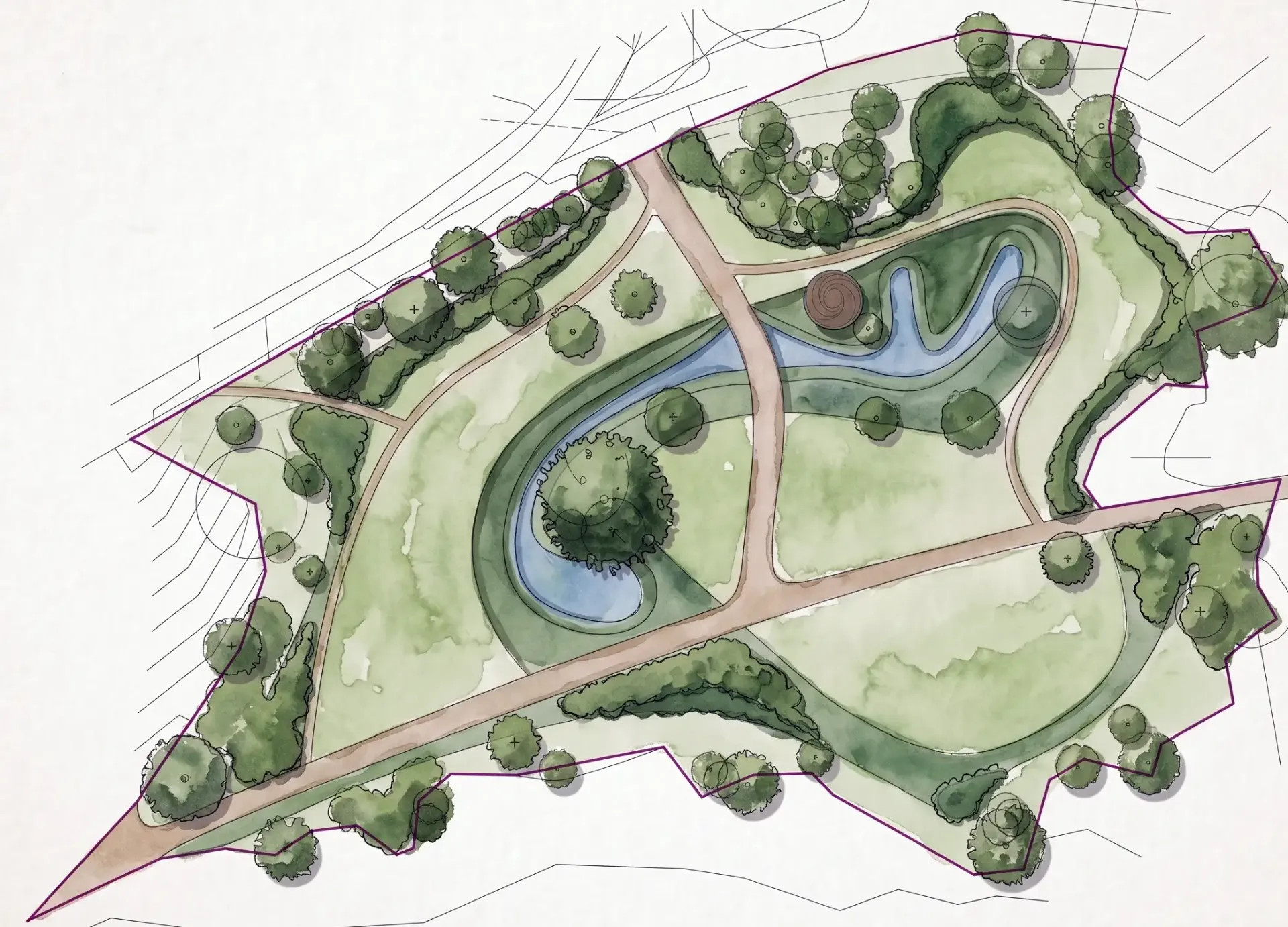 Architektonický návrh parku s jezírkem, křivkami cest, zelenými keři a stromy, fialovým obrysem.