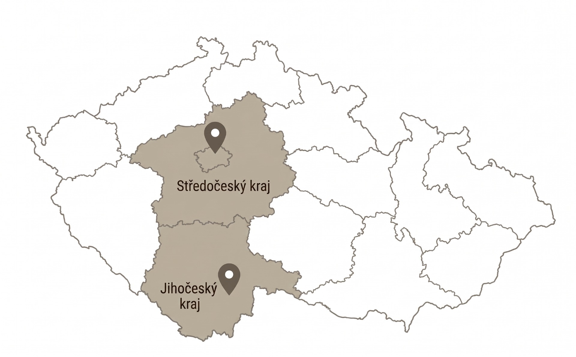 Mapa Česka s vyznačenými kraji Středočeský a Jihočeský, zvýrazněné polohové značky.