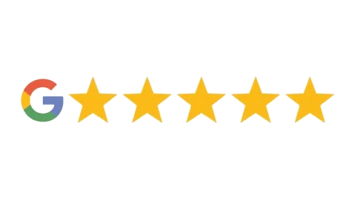 Logo Google a řada pěti žlutých hvězd hodnocení na modrém pozadí.